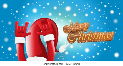 Vector Hipster Merry Christmas Rock n roll party horizontal banner or poster design . vector cartoon rock n roll Santa Claus character with calligraphic greeting text on space blue background