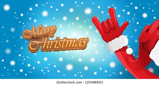Vector Hipster Merry Christmas Rock n roll party horizontal banner or poster design . vector cartoon rock n roll Santa Claus character with calligraphic greeting text on space blue background