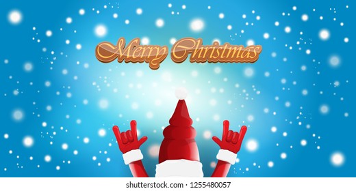 Vector Hipster Merry Christmas Rock n roll party horizontal banner or poster design . vector cartoon rock n roll Santa Claus character with calligraphic greeting text on space blue background