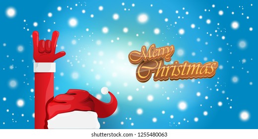 Vector Hipster Merry Christmas Rock n roll party horizontal banner or poster design . vector cartoon rock n roll Santa Claus character with calligraphic greeting text on space blue background