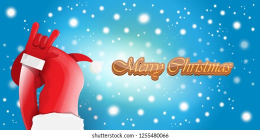 Vector Hipster Merry Christmas Rock n roll party horizontal banner or poster design . vector cartoon rock n roll Santa Claus character with calligraphic greeting text on space blue background
