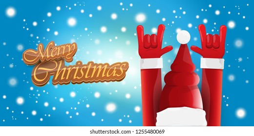 Vector Hipster Merry Christmas Rock n roll party horizontal banner or poster design . vector cartoon rock n roll Santa Claus character with calligraphic greeting text on space blue background