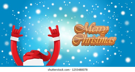 Vector Hipster Merry Christmas Rock n roll party horizontal banner or poster design . vector cartoon rock n roll Santa Claus character with calligraphic greeting text on space blue background
