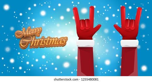 Vector Hipster Merry Christmas Rock n roll party horizontal banner or poster design . vector cartoon rock n roll Santa Claus character with calligraphic greeting text on space blue background