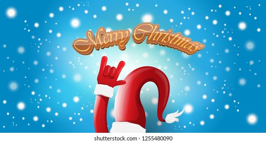 Vector Hipster Merry Christmas Rock n roll party horizontal banner or poster design . vector cartoon rock n roll Santa Claus character with calligraphic greeting text on space blue background