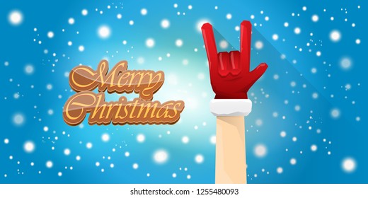 Vector Hipster Merry Christmas Rock n roll party horizontal banner or poster design . vector cartoon rock n roll Santa Claus character with calligraphic greeting text on space blue background