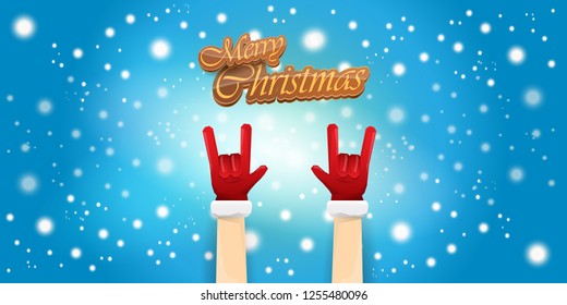 Vector Hipster Merry Christmas Rock n roll party horizontal banner or poster design . vector cartoon rock n roll Santa Claus character with calligraphic greeting text on space blue background