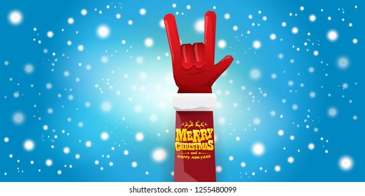 Vector Hipster Merry Christmas Rock n roll party horizontal banner or poster design . vector cartoon rock n roll Santa Claus character with calligraphic greeting text on space blue background