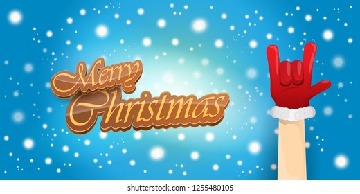 Vector Hipster Merry Christmas Rock n roll party horizontal banner or poster design . vector cartoon rock n roll Santa Claus character with calligraphic greeting text on space blue background