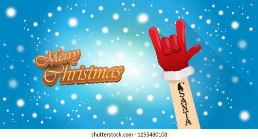 Vector Hipster Merry Christmas Rock n roll party horizontal banner or poster design . vector cartoon rock n roll Santa Claus character with calligraphic greeting text on space blue background