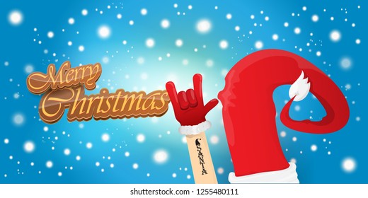 Vector Hipster Merry Christmas Rock n roll party horizontal banner or poster design . vector cartoon rock n roll Santa Claus character with calligraphic greeting text on space blue background