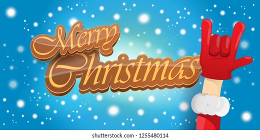 Vector Hipster Merry Christmas Rock n roll party horizontal banner or poster design . vector cartoon rock n roll Santa Claus character with calligraphic greeting text on space blue background