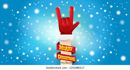 Vector Hipster Merry Christmas Rock n roll party horizontal banner or poster design . vector cartoon rock n roll Santa Claus character with calligraphic greeting text on space blue background