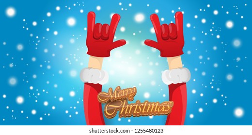 Vector Hipster Merry Christmas Rock n roll party horizontal banner or poster design . vector cartoon rock n roll Santa Claus character with calligraphic greeting text on space blue background