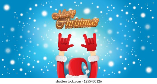 Vector Hipster Merry Christmas Rock n roll party horizontal banner or poster design . vector cartoon rock n roll Santa Claus character with calligraphic greeting text on space blue background