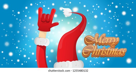 Vector Hipster Merry Christmas Rock n roll party horizontal banner or poster design . vector cartoon rock n roll Santa Claus character with calligraphic greeting text on space blue background