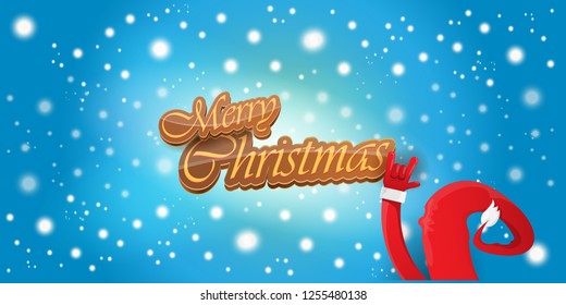 Vector Hipster Merry Christmas Rock n roll party horizontal banner or poster design . vector cartoon rock n roll Santa Claus character with calligraphic greeting text on space blue background