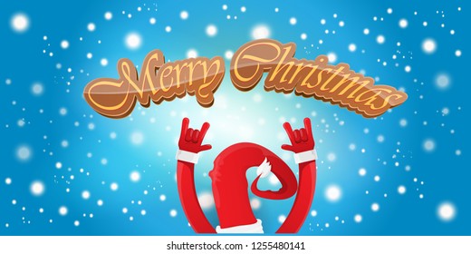 Vector Hipster Merry Christmas Rock n roll party horizontal banner or poster design . vector cartoon rock n roll Santa Claus character with calligraphic greeting text on space blue background