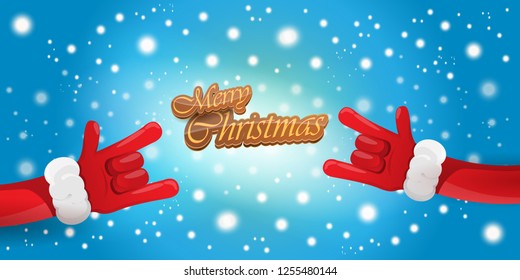 Vector Hipster Merry Christmas Rock n roll party horizontal banner or poster design . vector cartoon rock n roll Santa Claus character with calligraphic greeting text on space blue background