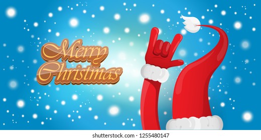 Vector Hipster Merry Christmas Rock n roll party horizontal banner or poster design . vector cartoon rock n roll Santa Claus character with calligraphic greeting text on space blue background