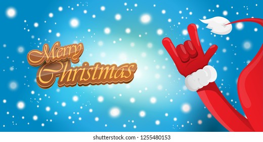 Vector Hipster Merry Christmas Rock n roll party horizontal banner or poster design . vector cartoon rock n roll Santa Claus character with calligraphic greeting text on space blue background