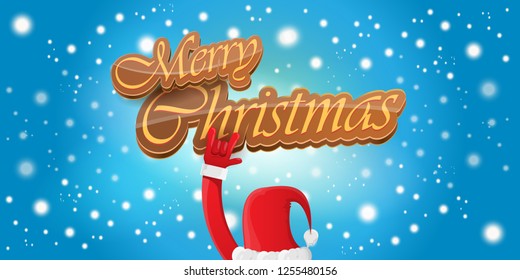 Vector Hipster Merry Christmas Rock n roll party horizontal banner or poster design . vector cartoon rock n roll Santa Claus character with calligraphic greeting text on space blue background
