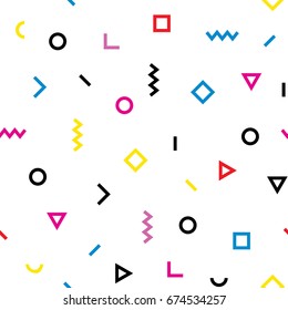 Vector hipster pattern with color, black and white geometric forms. Line, square, triangle, circle shape seamless . Retro 80s-90s pattern.