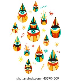Vector hipster pattern. Trendy background with colorful eyes. Hand drawn retro style collection