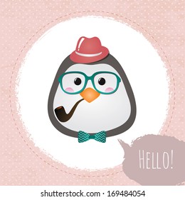 Vector Hipster Penguin greeting card design illustration  with Textured Grunge Circles Background