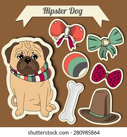 Vector hipster pug dog with a set of toys: ball, bows, bone , hat. Hand drawn colorful stickers.