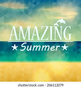 Vector hipster, retro, abstract, colorful, blurred, defocused summer background with triangles and text