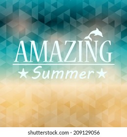 Vector hipster, retro, abstract, colorful, blurred, defocused summer background with triangles and text