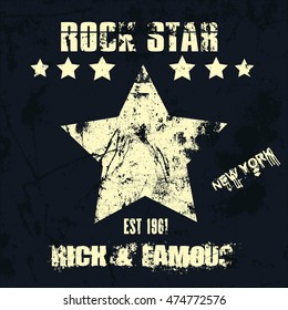 Vector hipster retro badge, label, logo ROCK STAR for poster, flyer or t-shirt print with lettering. Distressed texture in grunge style.