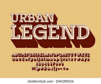 Vector Hipster Retro Style Logo Urban Legend. Set Of Vintage Alphabet Letters, Numbers And Punctuation Symbols