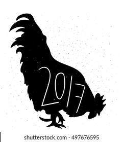 Vector hipster retro typography poster rooster silhouette with letter 2017, new year greeting card
