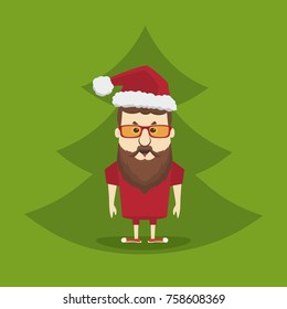 Vector hipster Santa Claus man with Christmas tree. Merry Christmas card illustration.
