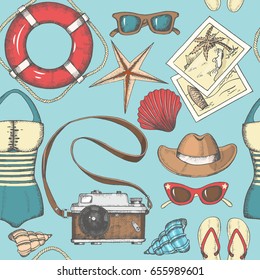 Vector hipster seamless background with hand drawn summer objects.Vintage. Pattern can be used for wallpaper, web page background, surface textures.