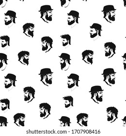 Vector hipster seamless pattern of barbershop icons with hipster face in flat style. Hairdresser s endless background. hipster man head hat seamless pattern eps10