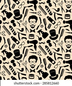 Vector hipster seamless pattern of barbershop icons with hipster face in flat style. Hairdresser's endless background.