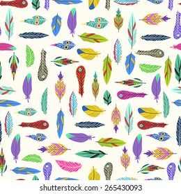 Vector hipster seamless pattern with colored feathers. 