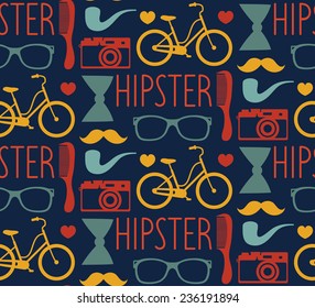 Vector hipster seamless pattern with fashion sunglasses, vintage camera, retro bicycle, comb, bow, tobacco pipe and mustache in trendy flat style