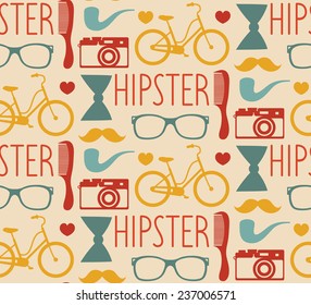 Vector hipster seamless pattern with fashion sunglasses, vintage camera, retro bicycle, comb, bow, tobacco pipe and mustache in trendy flat style