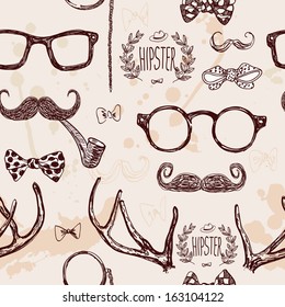 Vector hipster seamless pattern, vintage illustration with glasses, mustache, horns, camera, bike, label,bow, tie on textured background, hand drawn in retro color