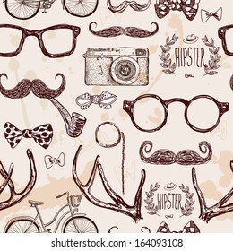 Vector hipster seamless pattern, vintage illustration with glasses, mustache, horns, camera, bike, label,bow, tie on textured background, hand drawn in retro color