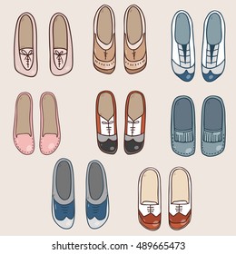 Vector hipster set collection of man and woman brogues fashion shoes. Retro vintage style