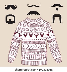 Vector hipster set with cozy sweater and mustaches