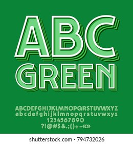 Conjunto Vector Hipster Style Green Retro ABC. Letras de alfabeto, números y símbolos de puntuación