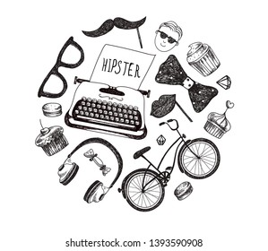 Vector Hipster style infographics elements and icons set for retro design. Bicycle, sunglasses, mustache, type writer, headphones, bow tie. isolated 