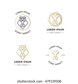 Vector hipster style logos, badges. Elegant lion emblem, label collection. Trendy animal logo set. Lion and diamond line geometric icons.