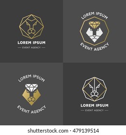 Vector hipster style logos, badges. Elegant lion emblem, label collection. Trendy animal logo set. Lion and diamond line geometric icons.